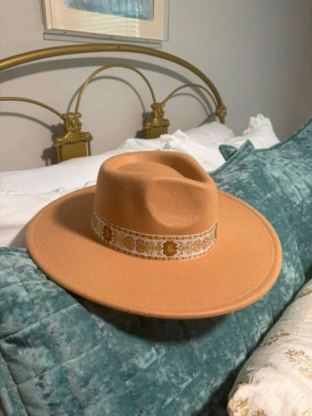 Red Dress Boutique Camel Wide-Brim Fedora with Embroidered Band